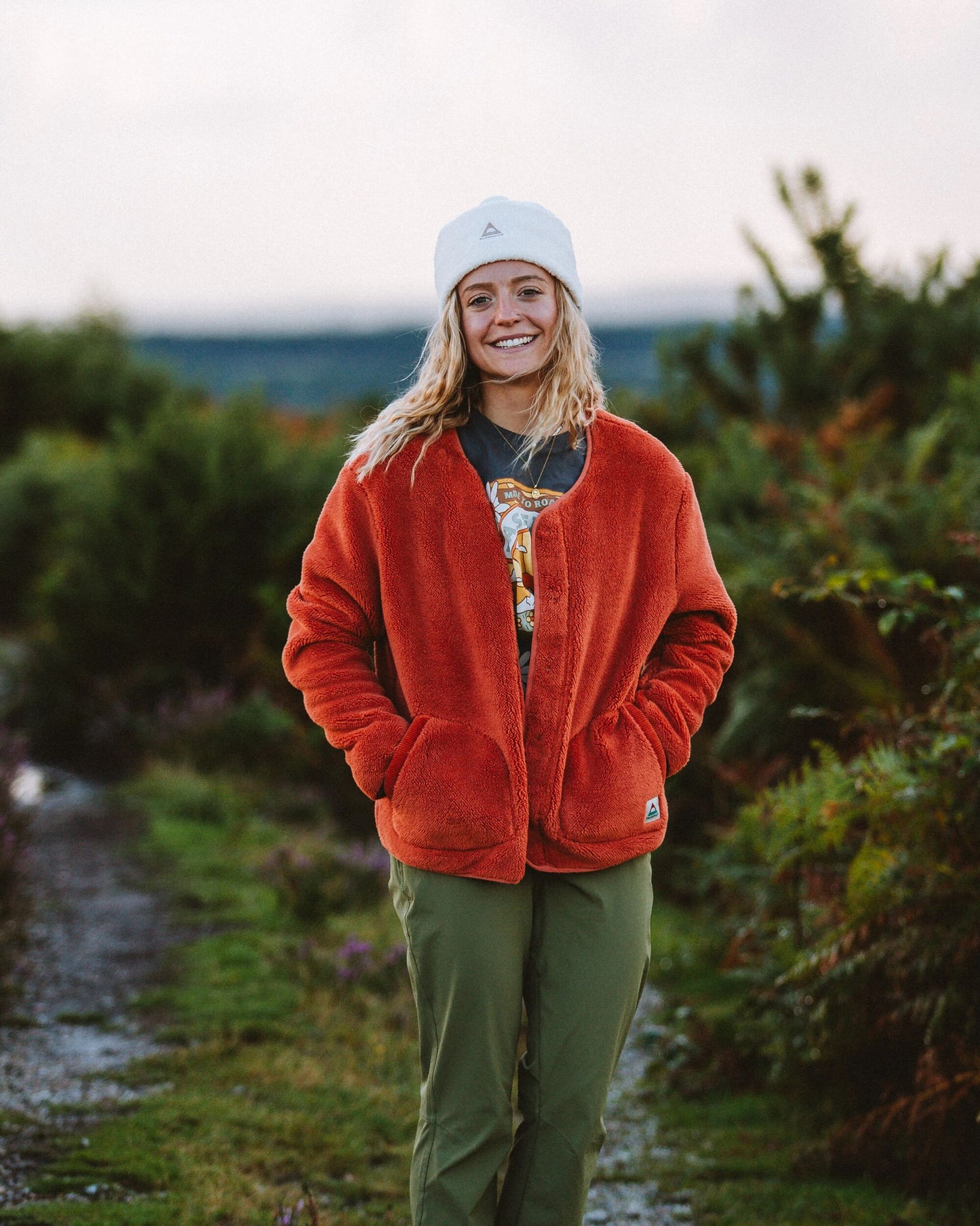 Iris Collarless Recycled Fleece - Baked Clay - Lifestyle