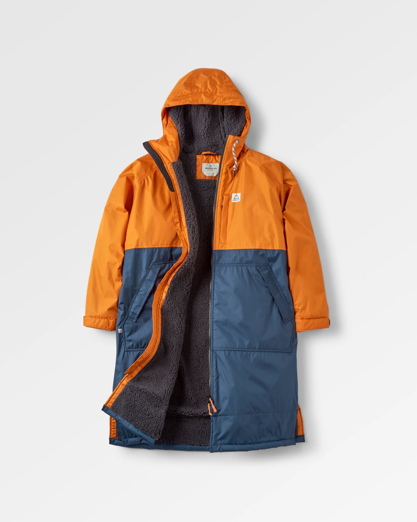 Waves Recycled Sherpa Lined Changing Robe - Sunrise Orange/Rich Navy - Flatlay