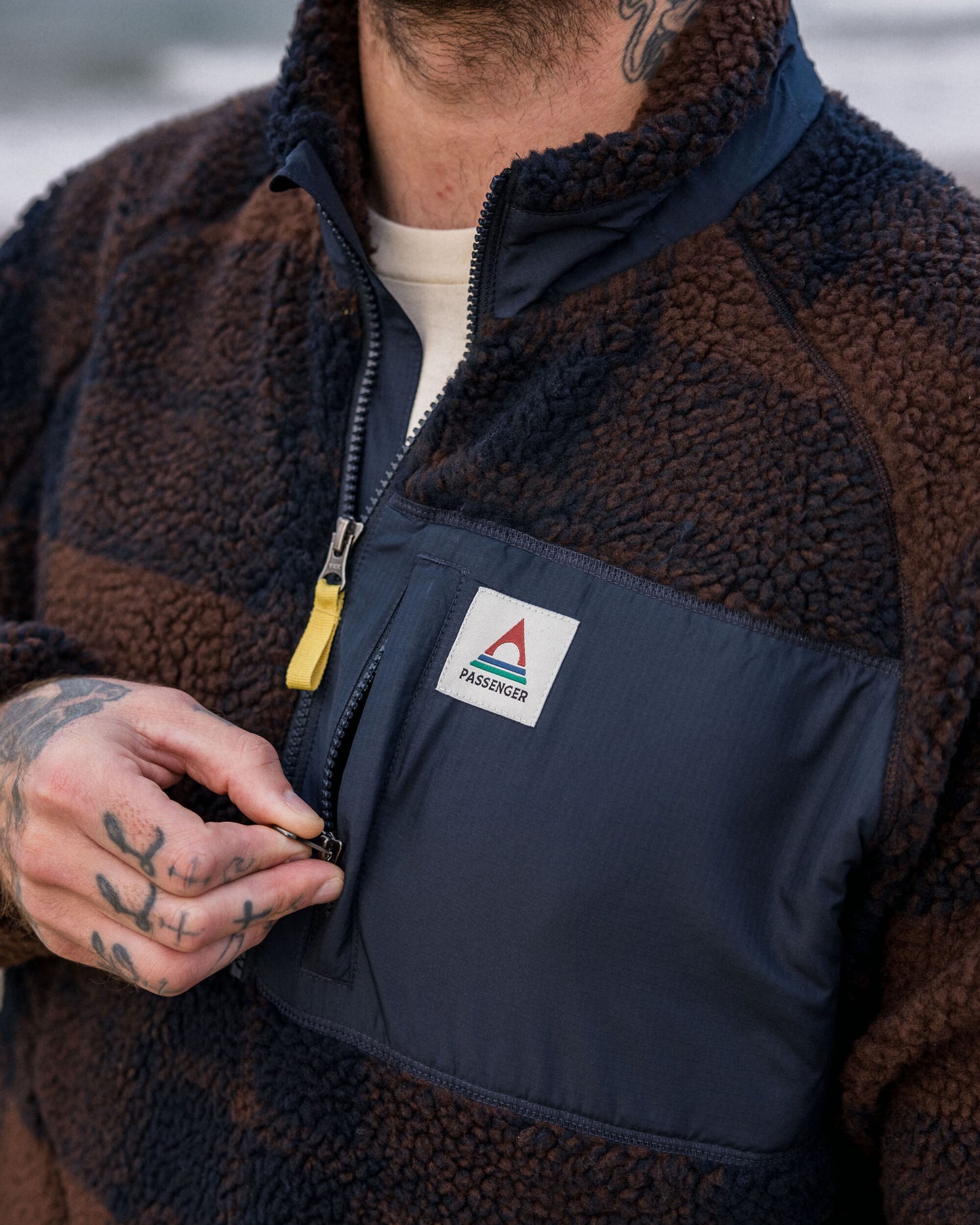Offroad Recycled Sherpa 1/2 Zip Fleece - Chestnut/Deep Navy Check
