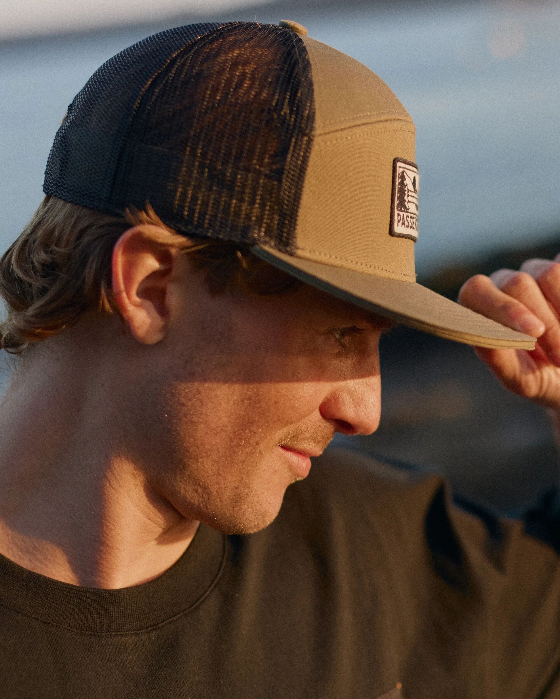 MensRoamer 7 Panel Organic Cotton Trucker Cap - Khaki - Lifestyle
