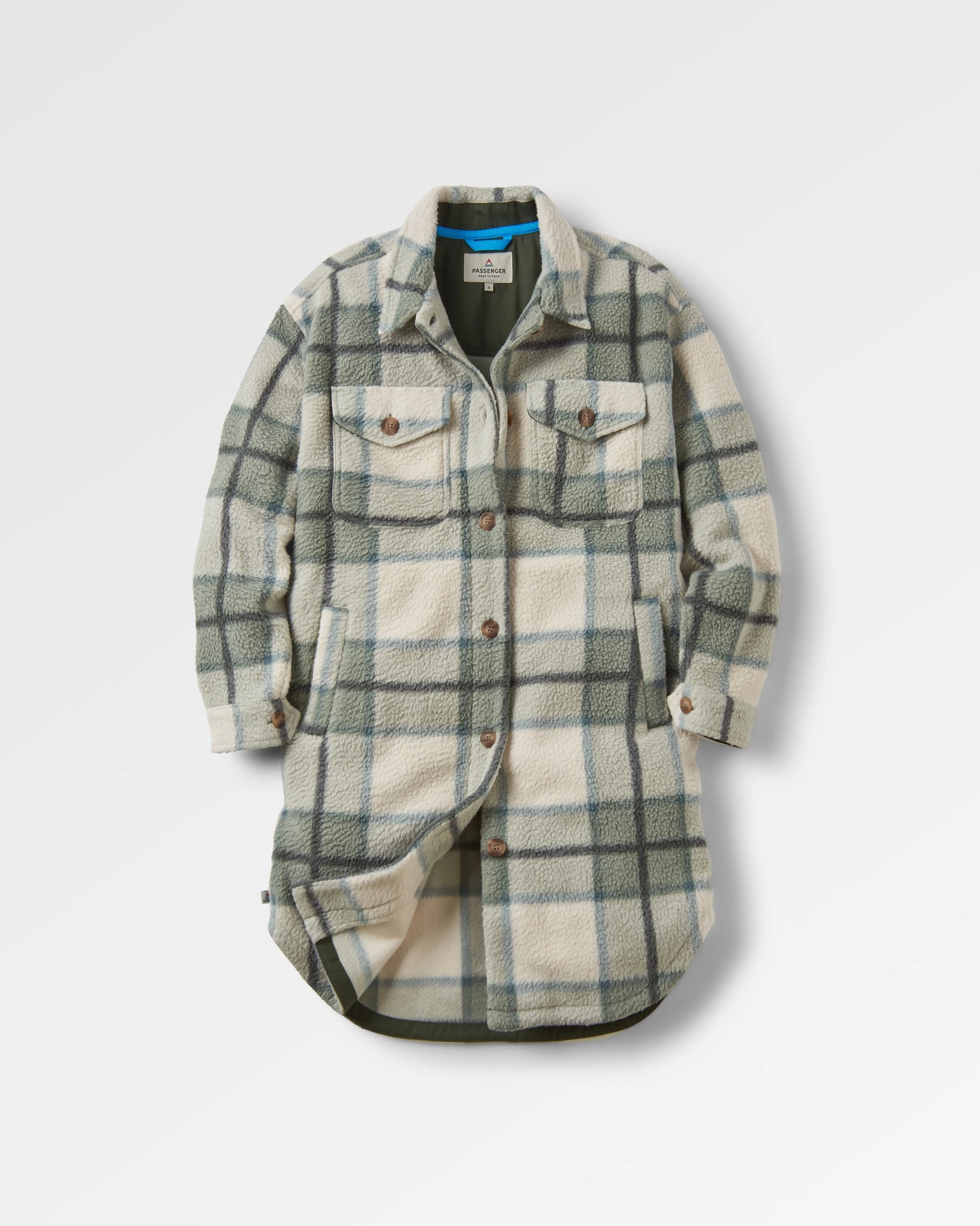 Cloudy Recycled Sherpa Fleece Shirt - Pistachio Check - Flatlay