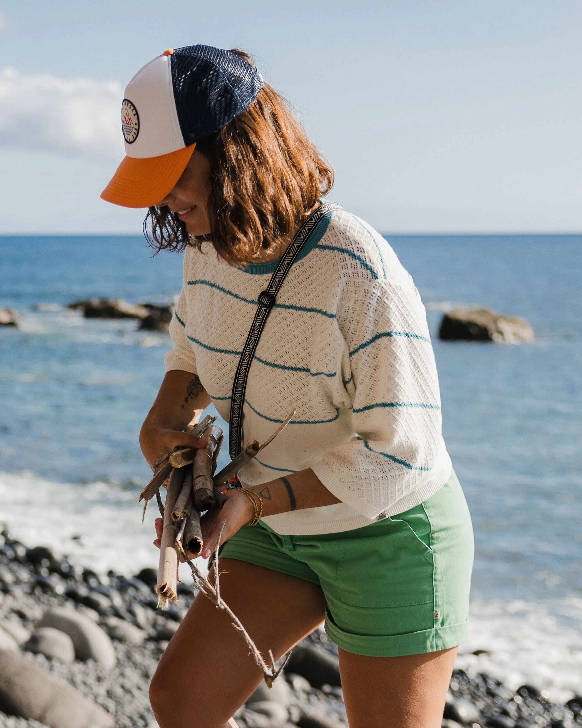 Migrate Organic Knitted Jumper - Blue Pool Stripe - Lifestyle