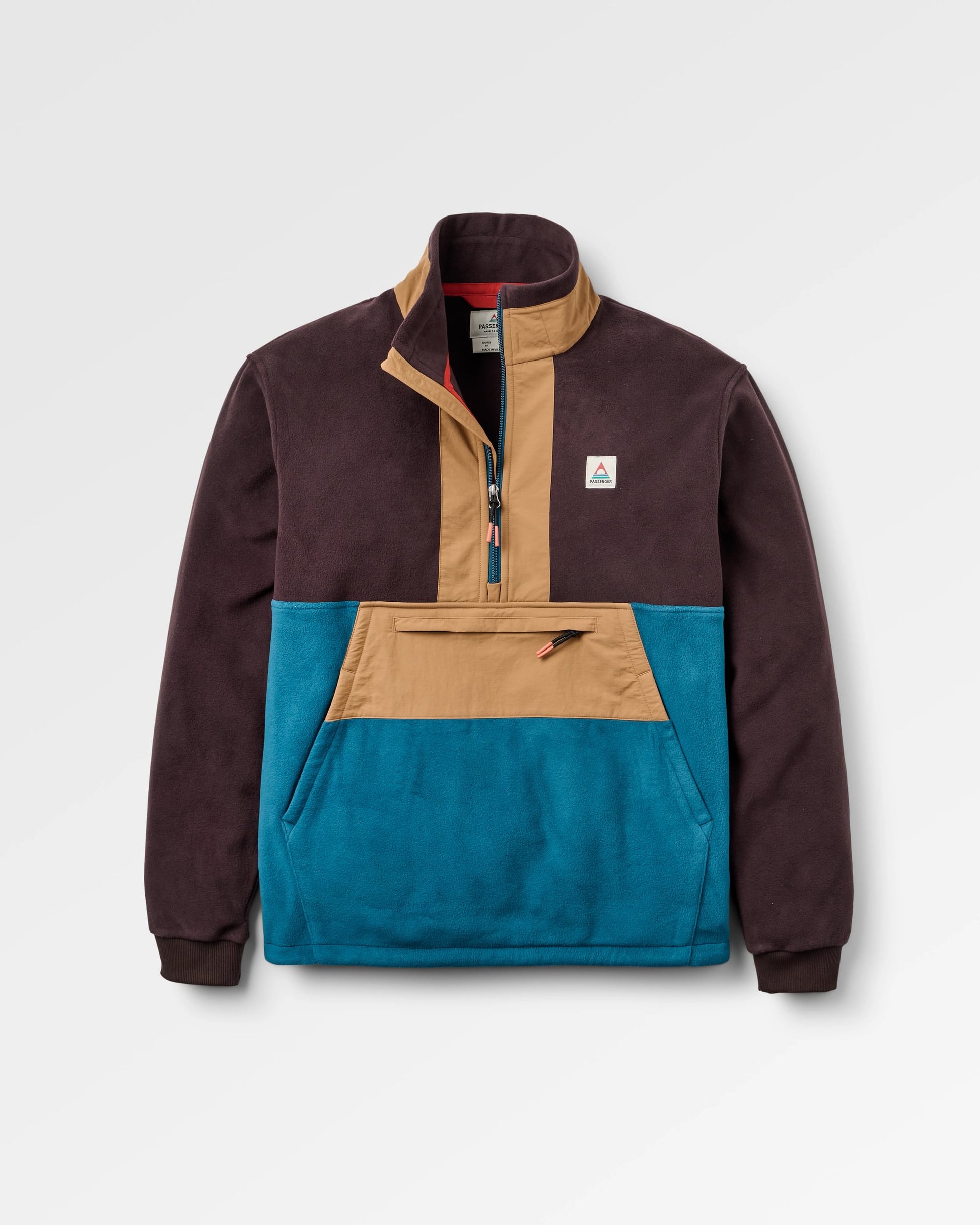 Woodland Hoodless 1/2 Zip Recycled Polartec® Fleece - Espresso/Tidal Blue  - Flatlay