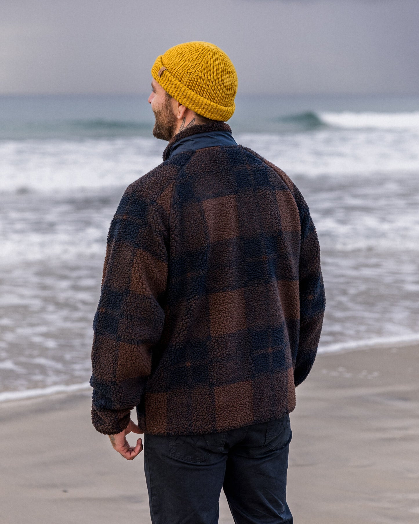 Offroad Recycled Sherpa 1/2 Zip Fleece - Chestnut/Deep Navy Check